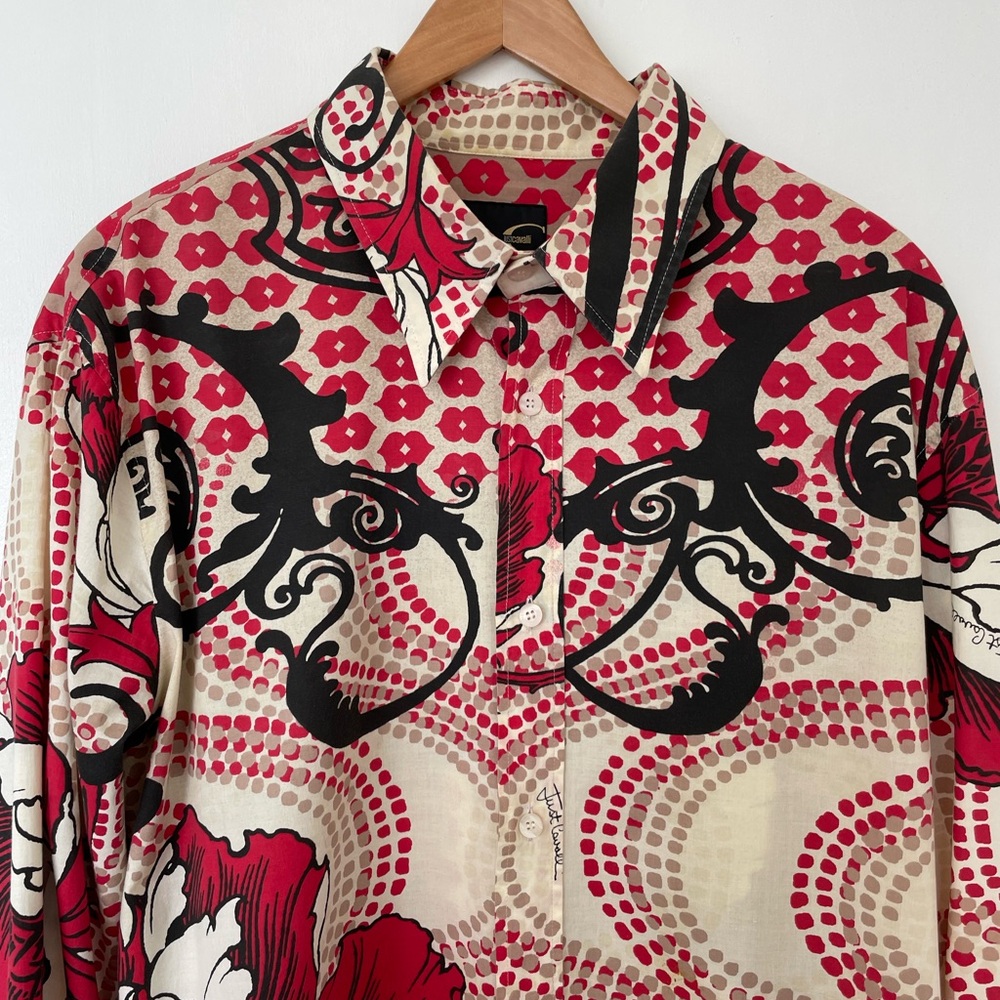Just Cavalli Red, Black and Cream Graphic Print Dress Shirt